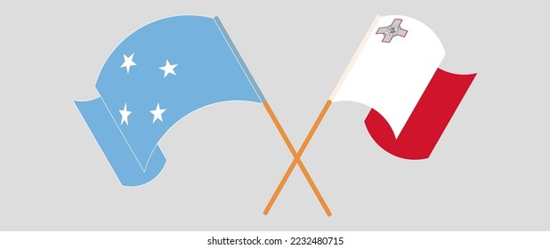 Crossed and waving flags of Micronesia and Malta. Vector illustration
