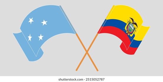 Crossed and waving flags of Micronesia and Republic of Ecuador. Vector illustration.
