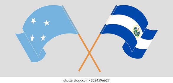 Crossed and waving flags of Micronesia and Republic of El Salvador. Vector illustration.
