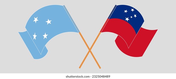 Crossed and waving flags of Micronesia and Samoa. Vector illustration
