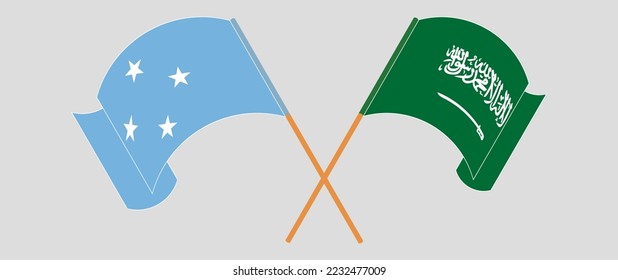 Crossed and waving flags of Micronesia and Saudi Arabia. Vector illustration
