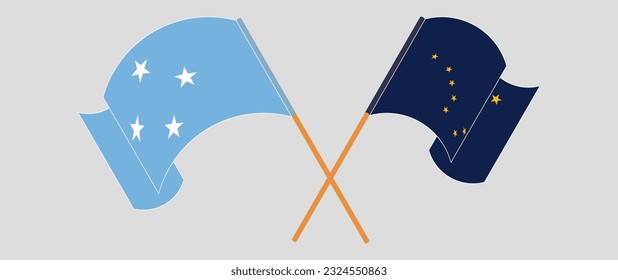 Crossed and waving flags of Micronesia and the State of Alaska. Vector illustration
