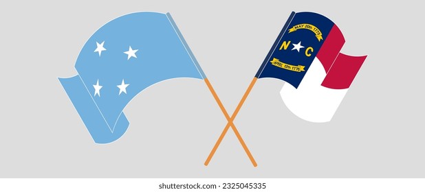 Crossed and waving flags of Micronesia and The State of North Carolina. Vector illustration
