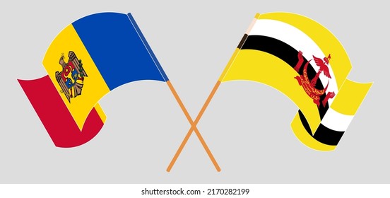 Crossed and waving flags of Moldova and Brunei. Vector illustration
