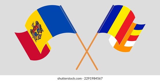 Crossed and waving flags of Moldova and Buddhism. Vector illustration
