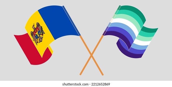 Crossed And Waving Flags Of Moldova And Gay Men Pride. Vector Illustration
