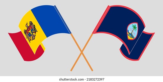 Gekreuzte und wehende Flaggen von Moldawien und Guam. Vektorgrafik
