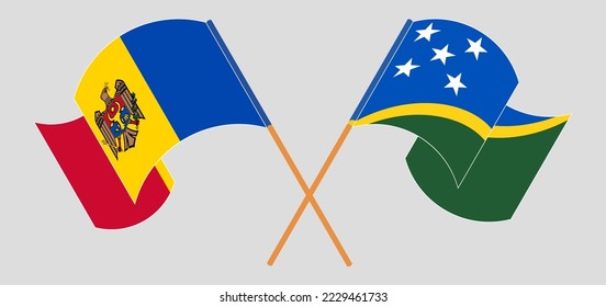 Crossed and waving flags of Moldova and Solomon Islands. Vector illustration
