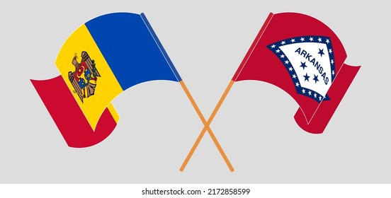 Überquerte und wehende Flaggen von Moldawien und dem Staat Arkansas. Vektorgrafik
