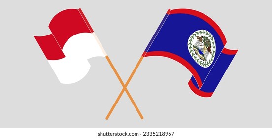 Crossed and waving flags of Monaco and Belize. Vector illustration
