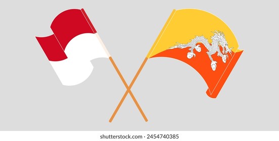 Crossed and waving flags of Monaco and Bhutan. Vector illustration
