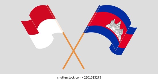 Crossed and waving flags of Monaco and Cambodia. Vector illustration
