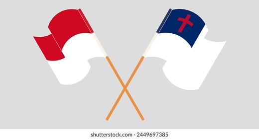 Crossed and waving flags of Monaco and christianity. Vector illustration