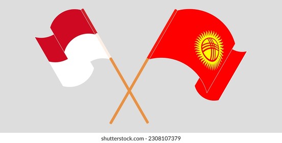 Crossed and waving flags of Monaco and Kyrgyzstan. Vector illustration
