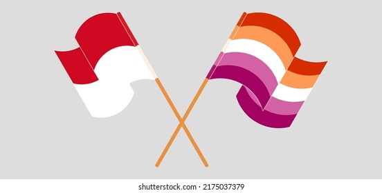 Crossed and waving flags of Monaco and Lesbian Pride