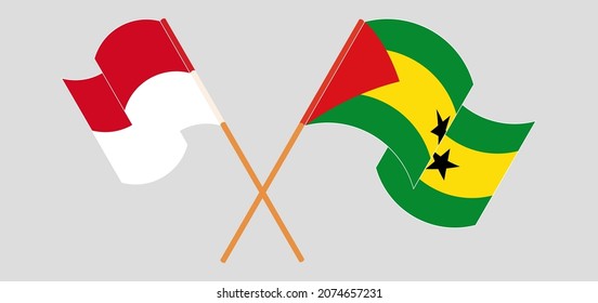 Crossed and waving flags of Monaco and Sao Tome and Principe. Vector illustration
