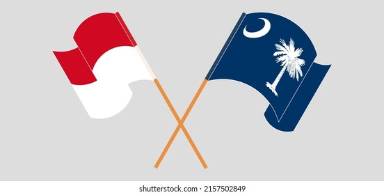 Crossed and waving flags of Monaco and The State of South Carolina. Vector illustration
