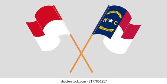 Crossed and waving flags of Monaco and The State of North Carolina. Vector illustration
