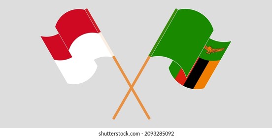 Crossed and waving flags of Monaco and Zambia. Vector illustration
