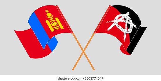 Crossed and waving flags of Mongolia and Anarchy. Vector illustration
