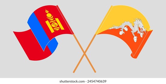 Crossed and waving flags of Mongolia and Bhutan. Vector illustration
