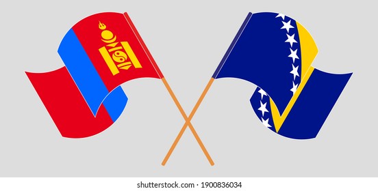 Crossed and waving flags of Mongolia and Bosnia and Herzegovina