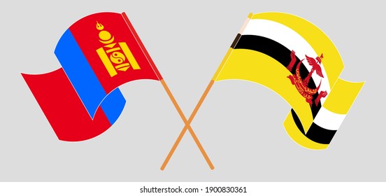 Crossed and waving flags of Mongolia and Brunei