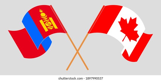 Gekreuzte und wehende Flaggen der Mongolei und Kanadas