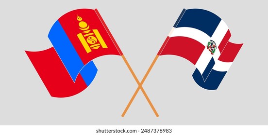 Crossed and waving flags of Mongolia and Dominican Republic. Vector illustration
