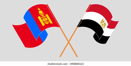 Banderas cruzadas y ondeando banderas de Mongolia y Egipto