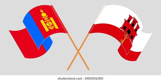 Crossed and waving flags of Mongolia and Gibraltar. Vector illustration
