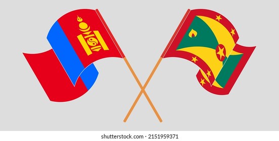 Crossed and waving flags of Mongolia and Grenada. Vector illustration
