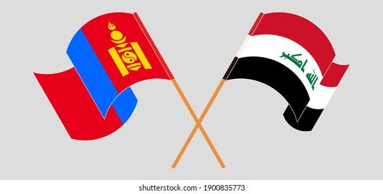 Crossed and waving flags of Mongolia and Iraq