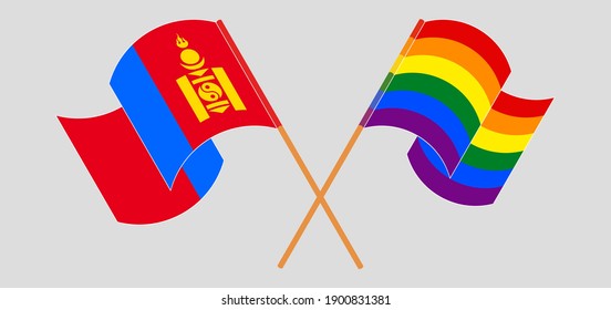 Crossed and waving flags of Mongolia and LGBTQ