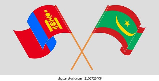 Crossed and waving flags of Mongolia and Mauritania. Vector illustration
