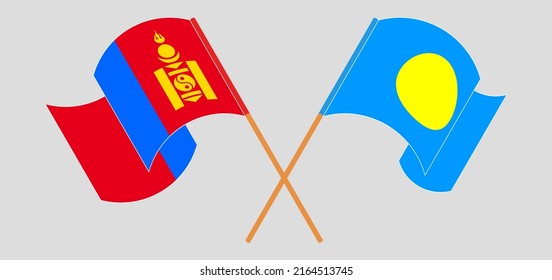 Banderas cruzadas y ondeando banderas de Mongolia y Palau. Ilustración del vector
