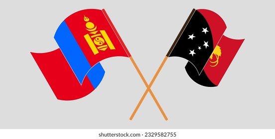 Crossed and waving flags of Mongolia and Papua New Guinea. Vector illustration
