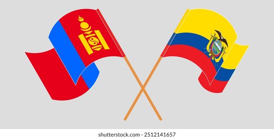 Bandeiras cruzadas e acenando da Mongólia e da República do Equador. Ilustração vetorial.
