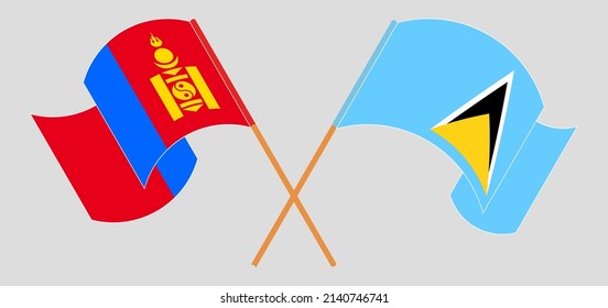 Überquerte und schwellende Flaggen der Mongolei und Saint Lucia. Vektorgrafik
