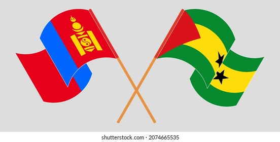 Crossed and waving flags of Mongolia and Sao Tome and Principe. Vector illustration
