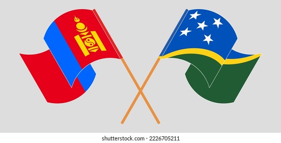 Crossed and waving flags of Mongolia and Solomon Islands. Vector illustration
