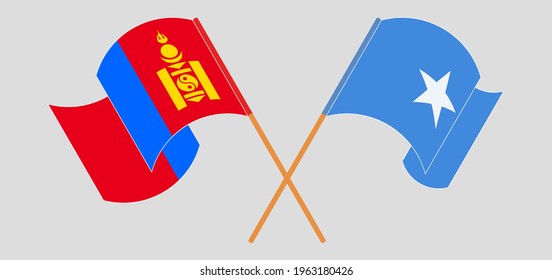 Crossed and waving flags of Mongolia and Somalia