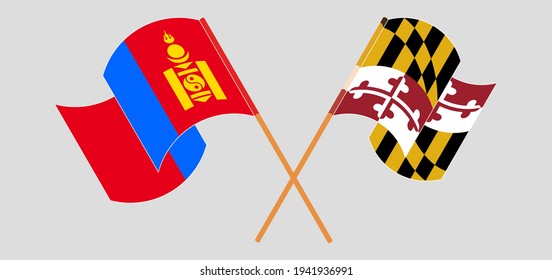 Crossed and waving flags of Mongolia and the State of Maryland