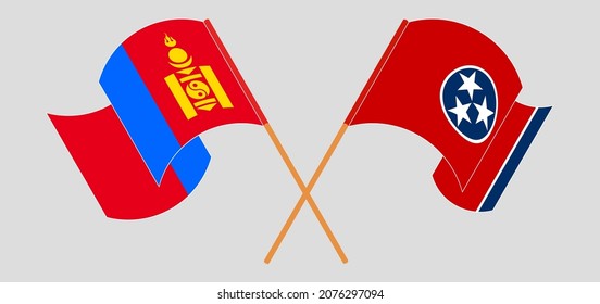 Crossed and waving flags of Mongolia and The State of Tennessee. Vector illustration
