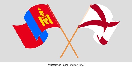 Crossed and waving flags of Mongolia and The State of Alabama. Vector illustration
