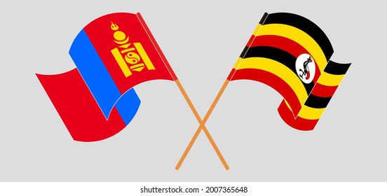Banderas cruzadas y ondeando banderas de Mongolia y Uganda
