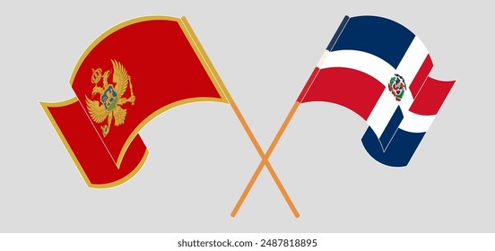 Crossed and waving flags of Montenegro and Dominican Republic. Vector illustration
