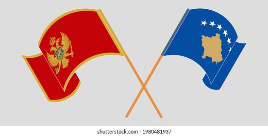 Crossed and waving flags of Montenegro and Kosovo