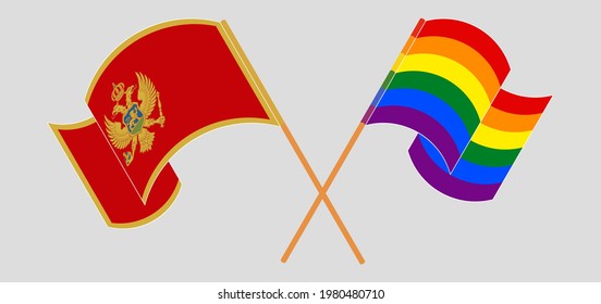 Crossed and waving flags of Montenegro and LGBTQ