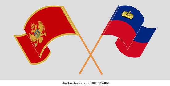 Crossed and waving flags of Montenegro and Liechtenstein